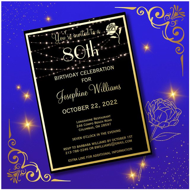 Invitation En Aluminium Elégant 80 80e anniversaire Black REAL Gold (Créateur téléchargé)