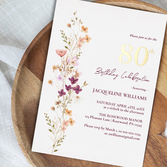 Invitation En Aluminium Elégant 80ème anniversaire de Fleur sauvage Floral (Créateur téléchargé)