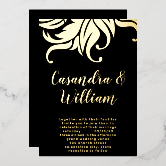 Invitation En Aluminium Élégant Abstrait Floral Mariage or (Recto/Verso)