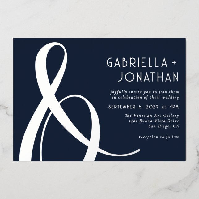 Invitation En Aluminium Elégant Ampersand bleu Mariage argent (Recto)