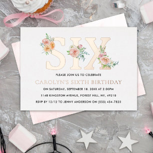 Invitation En Aluminium Elégant Anniversaire Fleuris SIX 6 ans Véritable