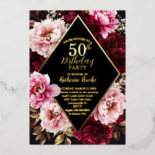 Invitation En Aluminium Élégant Anniversaire Floral Bourgogne et Rose