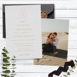 Invitation En Aluminium Élégant Arc Monogramme Photo Mariage Gold