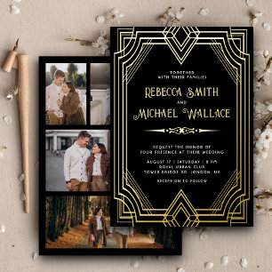 Invitation En Aluminium Elégant Art déco géométrique Mariage Black Gold