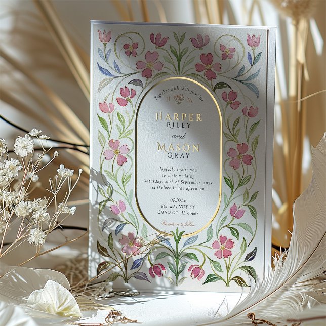 Invitation En Aluminium Elégant Art Nouveau Floral Aquarelle Mariage or (Créateur téléchargé)