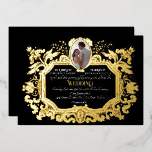 Invitation En Aluminium Elégant Art Nouveau Hiver Noir n Or Mariage