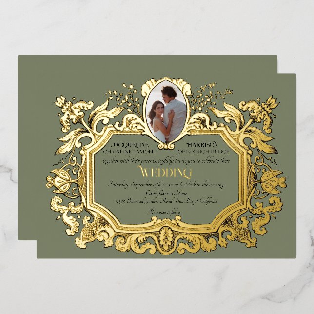 Invitation En Aluminium Elégant Art Nouveau Rococo Photo Sage Mariage (Recto/Verso)
