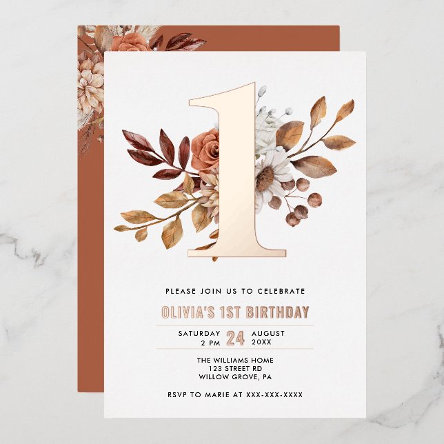 Invitation En Aluminium Élégant automne floral 1er anniversaire (Recto/Verso)