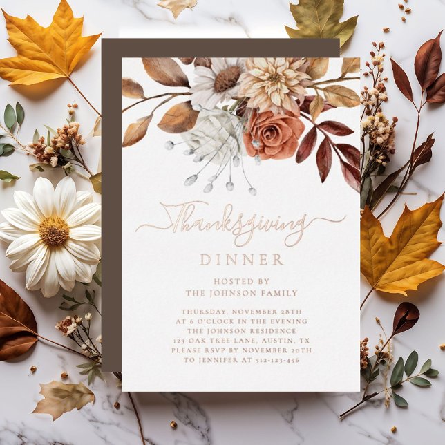Invitation En Aluminium Élégant automne Floral Thanksgiving Dîner Rose Gol (Elegant Fall Floral Thanksgiving Dinner Rose Gold Foil Invitation)