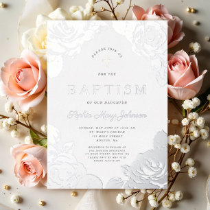 Invitation En Aluminium Élégant Baptême Fille Floral Argenté