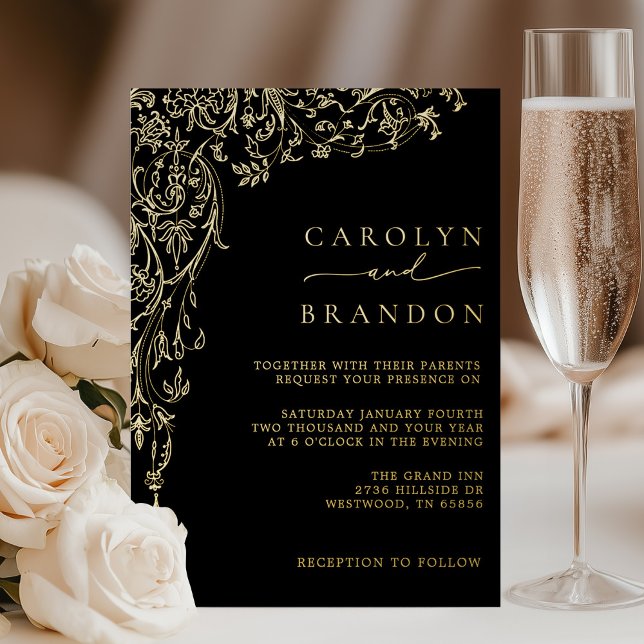 Invitation En Aluminium Elegant Black and Gold Filigree Wedding (Elegant Black and Gold Filigree Wedding Foil Invitation)