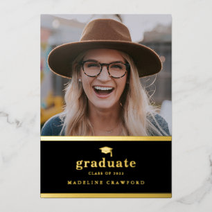 Invitation En Aluminium Élégant Black and Gold Photo Graduation