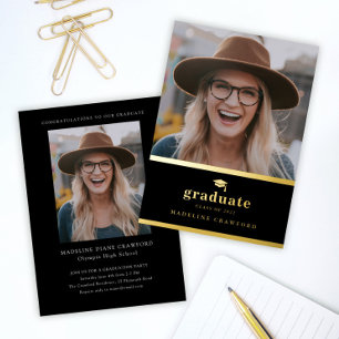 Invitation En Aluminium Élégant Black and Gold Photo Graduation