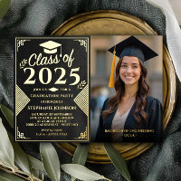 Elégant Black and Gold Photo Party Graduation