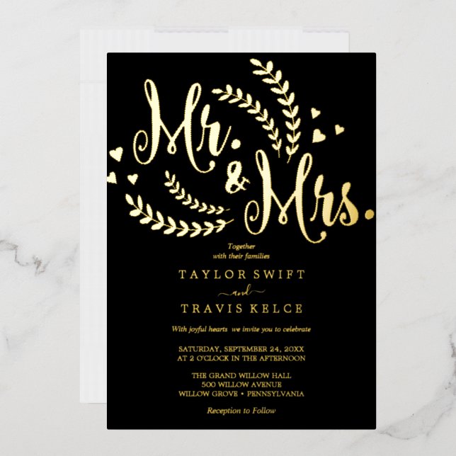 Invitation En Aluminium Elégant Black & Gold Foil Mr & Mrs Mariage (Enveloppe)