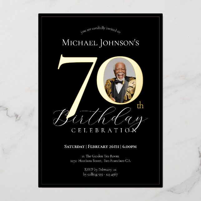 Invitation En Aluminium Elégant Black Gold Photo 70e anniversaire (Recto)