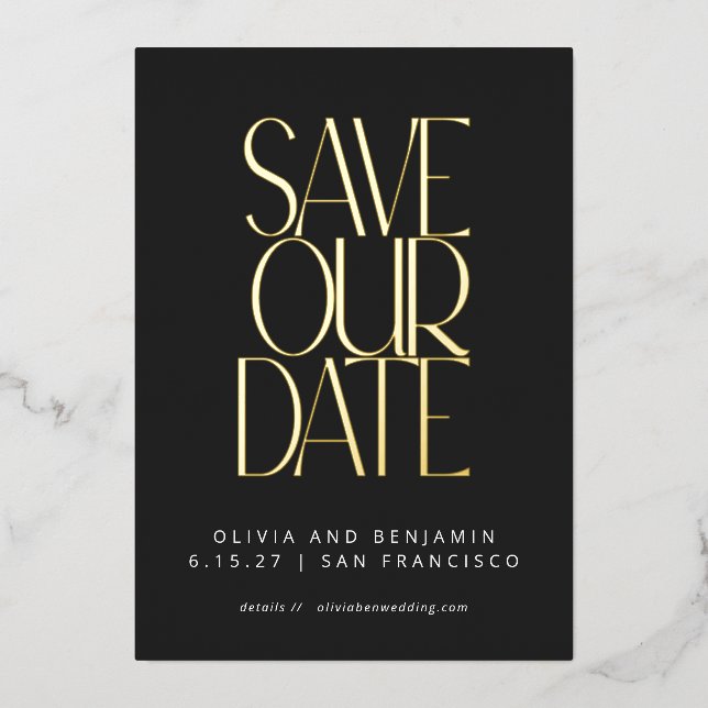 Invitation En Aluminium Elégant Black Gold tendance Enregistrer la date Fo (Recto)