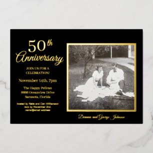 Invitation En Aluminium Elégant Black Photo 50th Anniversary Gold