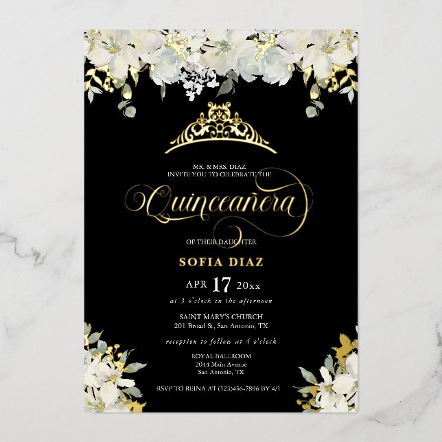 Invitation En Aluminium Elégant Black Quinceañera Floral Gold (Recto)