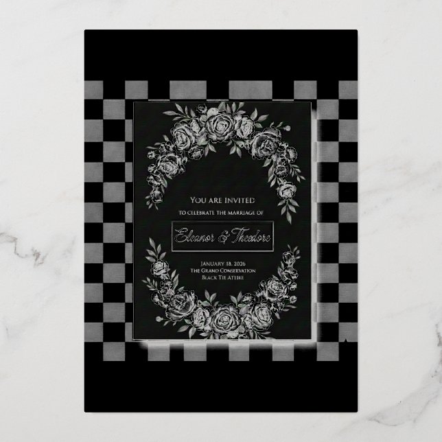 Invitation En Aluminium Elegant Black & White Cascading Floral Wedding (Recto)