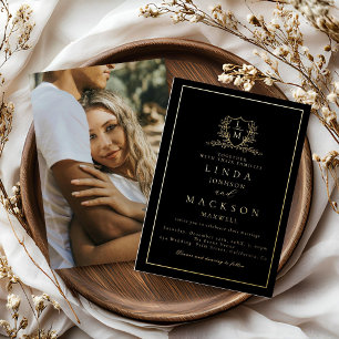 Invitation En Aluminium Elegant blason botanique en or monogramme mariage