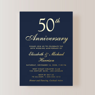 Invitation En Aluminium Elégant bleu 50e anniversaire Mariage or