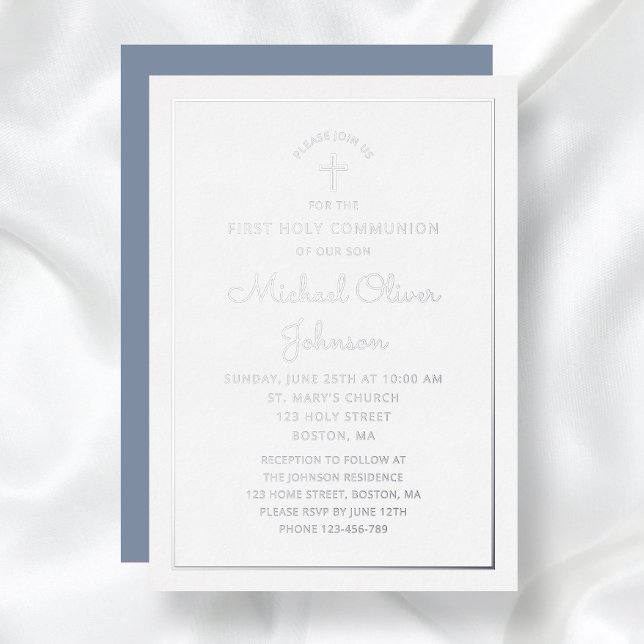 Invitation En Aluminium Élégant Bleu Argent Scripts de première communion (Elegant Blue Silver Foil Script First Communion Foil Invitation)