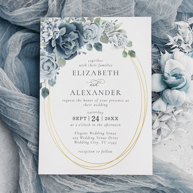 Invitation En Aluminium Elégant bleu Dusty Floral Aquarelle Mariage Or (Créateur téléchargé)