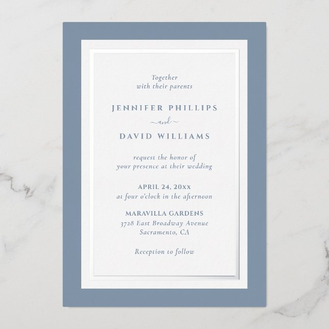 Invitation En Aluminium Elégant bleu et argent Dusty (Recto)