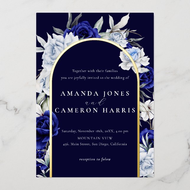 Invitation En Aluminium Elégant bleu marine floral Mariage Arch or (Recto)