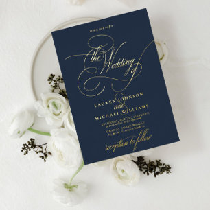 Invitation En Aluminium Elégant bleu marine Moderne Calligraphie Mariage F