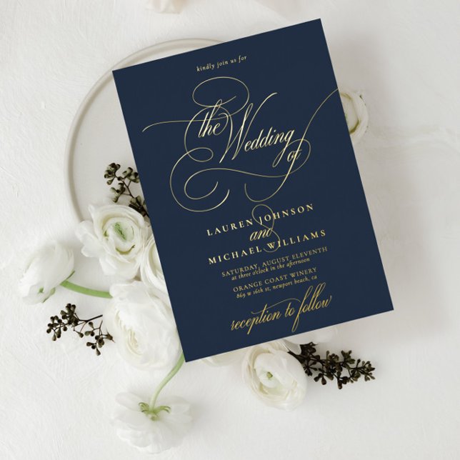 Invitation En Aluminium Elégant bleu marine Moderne Calligraphie Mariage F (Créateur téléchargé)
