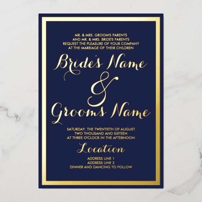 Invitation En Aluminium Elégant bleu marine moderne Mariage or réel (Recto)