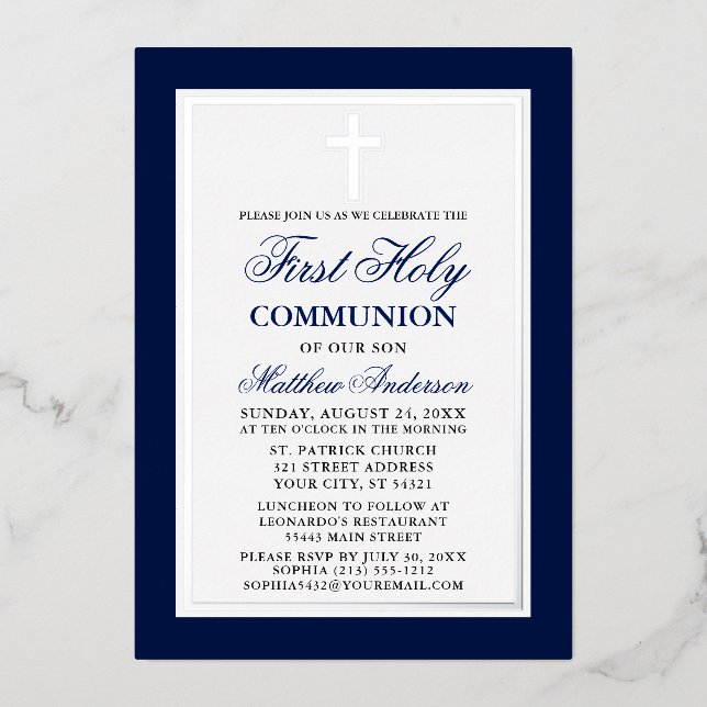 Invitation En Aluminium Elégant bleu Première Sainte Communion Croix Argen (Recto)