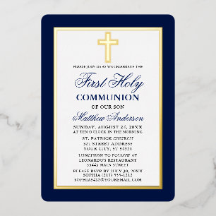 Invitation En Aluminium Elégant bleu Première Sainte Communion Croix Gold 