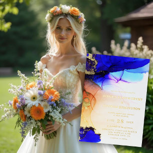 Invitation En Aluminium Élégant Bleu Saphir Orange Mariage Or