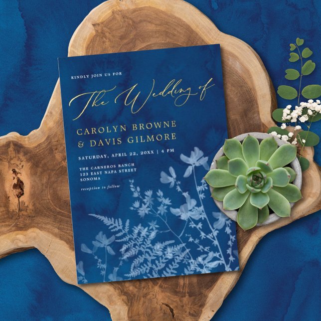 Invitation En Aluminium Elégant Bleu Sunprint Boho Botanique Mariage Or (Créateur téléchargé)