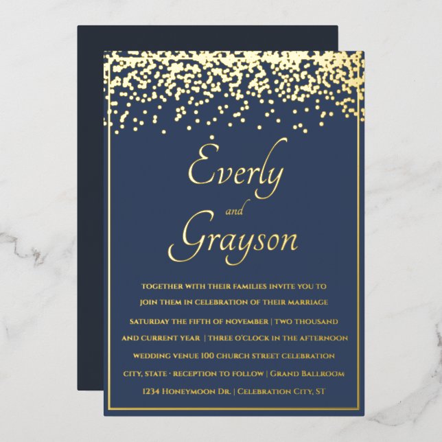 Invitation En Aluminium Élégant Blue Opulence Gold Confetti Mariage (Recto/Verso)