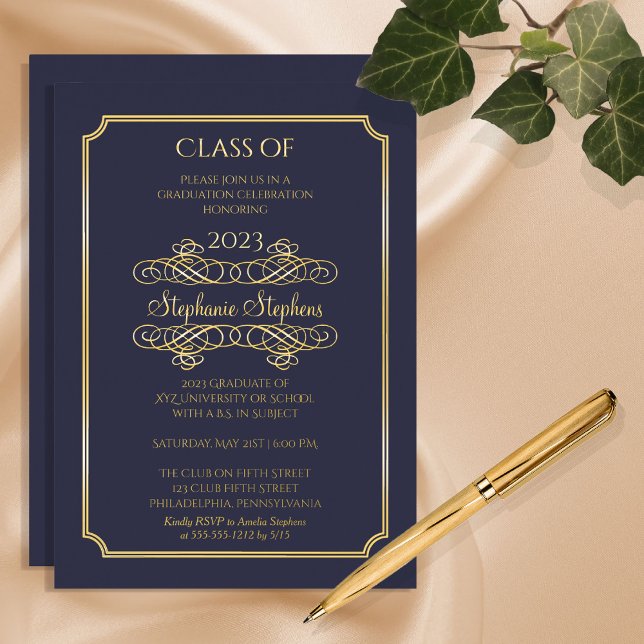 Invitation En Aluminium Élégant Blue University Graduation Party Gold (Créateur téléchargé)