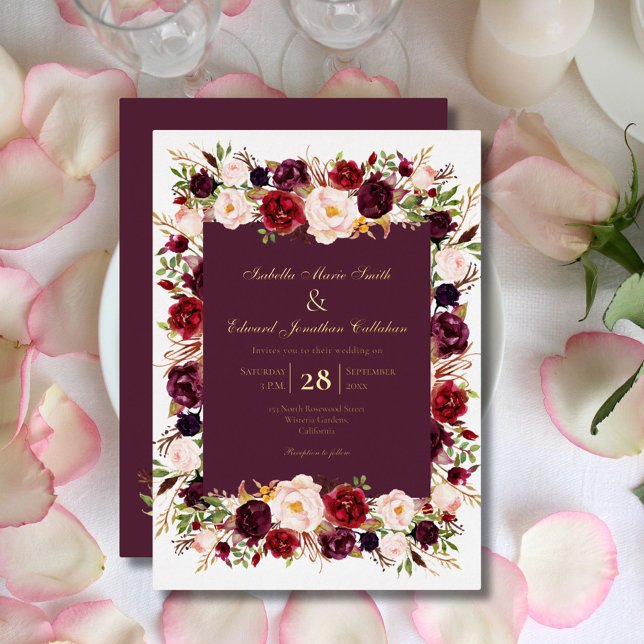 Invitation En Aluminium Elégant Blush & Bourgogne Rose Floral Bouquet Gold (Créateur téléchargé)