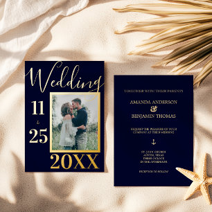 Invitation En Aluminium Élégant Bold Bleu Nuit Ancre Photo Mariage Or