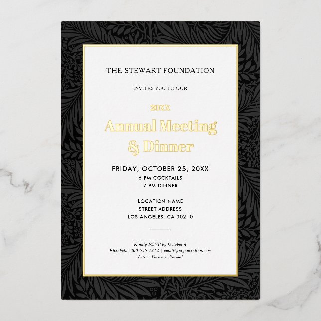 Invitation En Aluminium Élégant Botanique Noire Dîner d'affaires annuel (Recto)