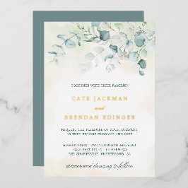 Invitation En Aluminium Elégant Botanique Verdure Eucalyptus Mariage Or