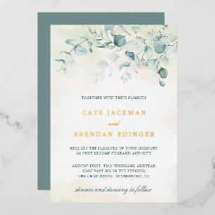 Invitation En Aluminium Elégant Botanique Verdure Eucalyptus Mariage Or