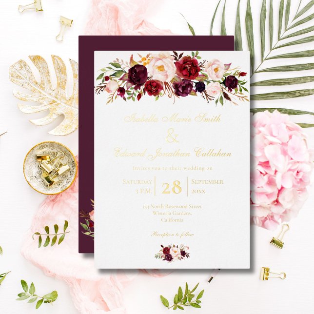 Invitation En Aluminium Elégant Bouquet de Bourgogne & Rose Blush Gold (Créateur téléchargé)