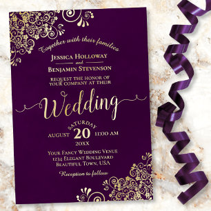 Invitation En Aluminium Élégant Broderie Dorée sur Mariage Froissé Violet