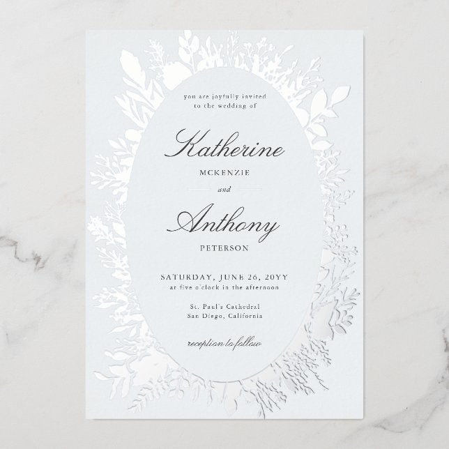 Invitation En Aluminium Elégant cadre de feuillage d'hiver Mariage bleu Du (Recto)