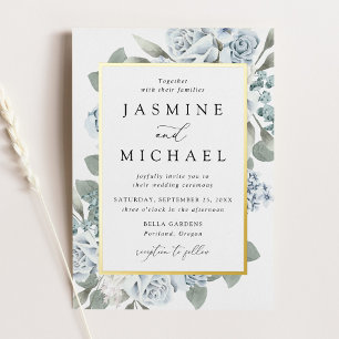 Invitation En Aluminium Élégant Cadre Floral Bleu Poussiéreux Mariage