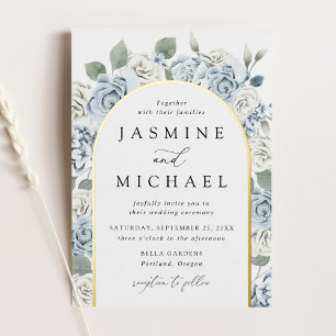 Invitation En Aluminium Élégant Cadre Floral Mariage Bleu Poussiéreux Arch