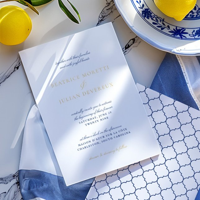 Invitation En Aluminium Elégant carrelage italien Mariage bleu & or (Elegant Italian Tiles Blue & Gold Wedding Foil Invitation)